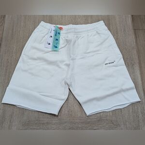 $480 Mens OFF-WHITE Diagonal Helvetica Logo Sweat Shorts White/Black Medium